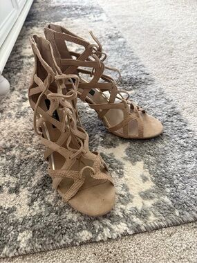White House Black Market Shoes - Taupe Lace-Up Strappy Heels